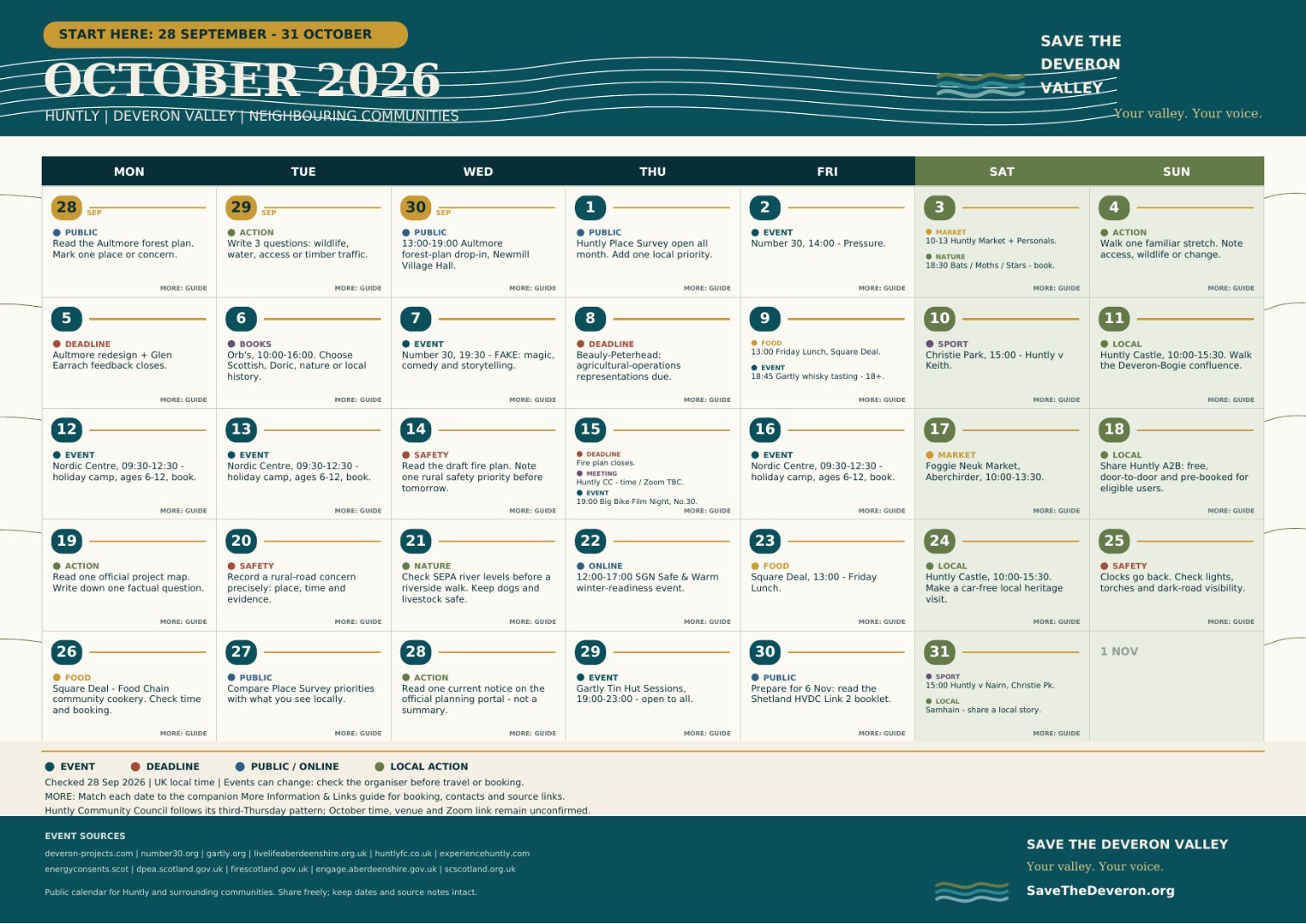 Save the Deveron October 2026 daily public calendar, covering 28 September to 31 October. Use the companion guide below for full details and source links.